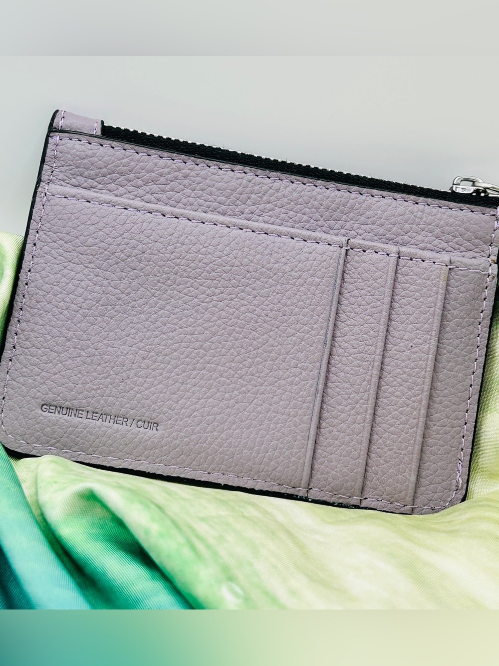 Calvin Klein Pebbled Leather Zip Credit Card Wallet Gray & Purple Leather NWOT